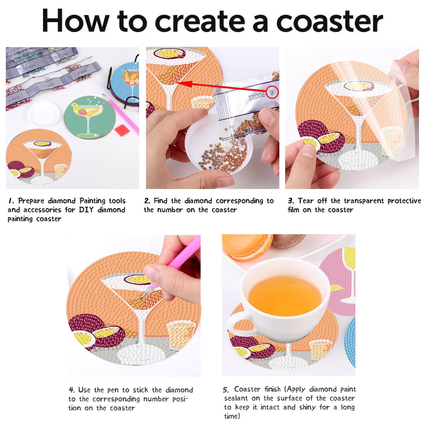 8Pcs Diamond Painting Coasters with Holder,DIY Cocktail Life Coaster Diamond Art Kits for Adults Kids,Beginners Round Full Drill Diamonds Art Craft Supplies