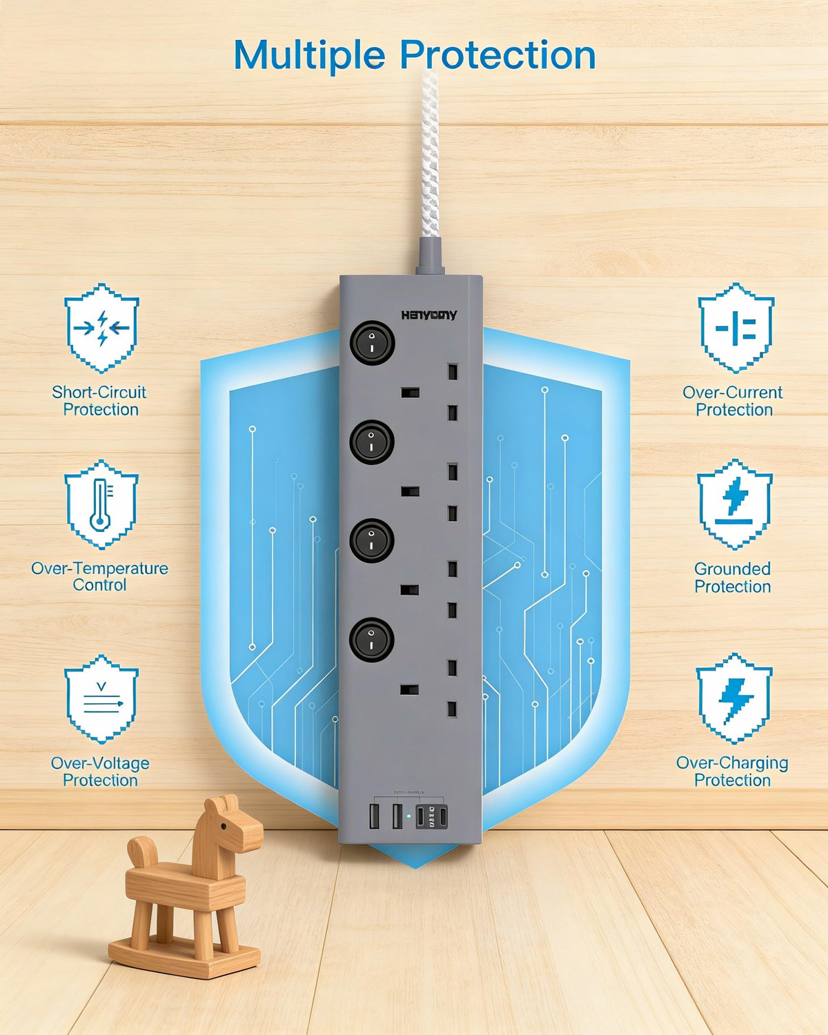 Extension Lead with USB Slots(2 USB C), 4 Way Plug Extension Socket, 1.8M