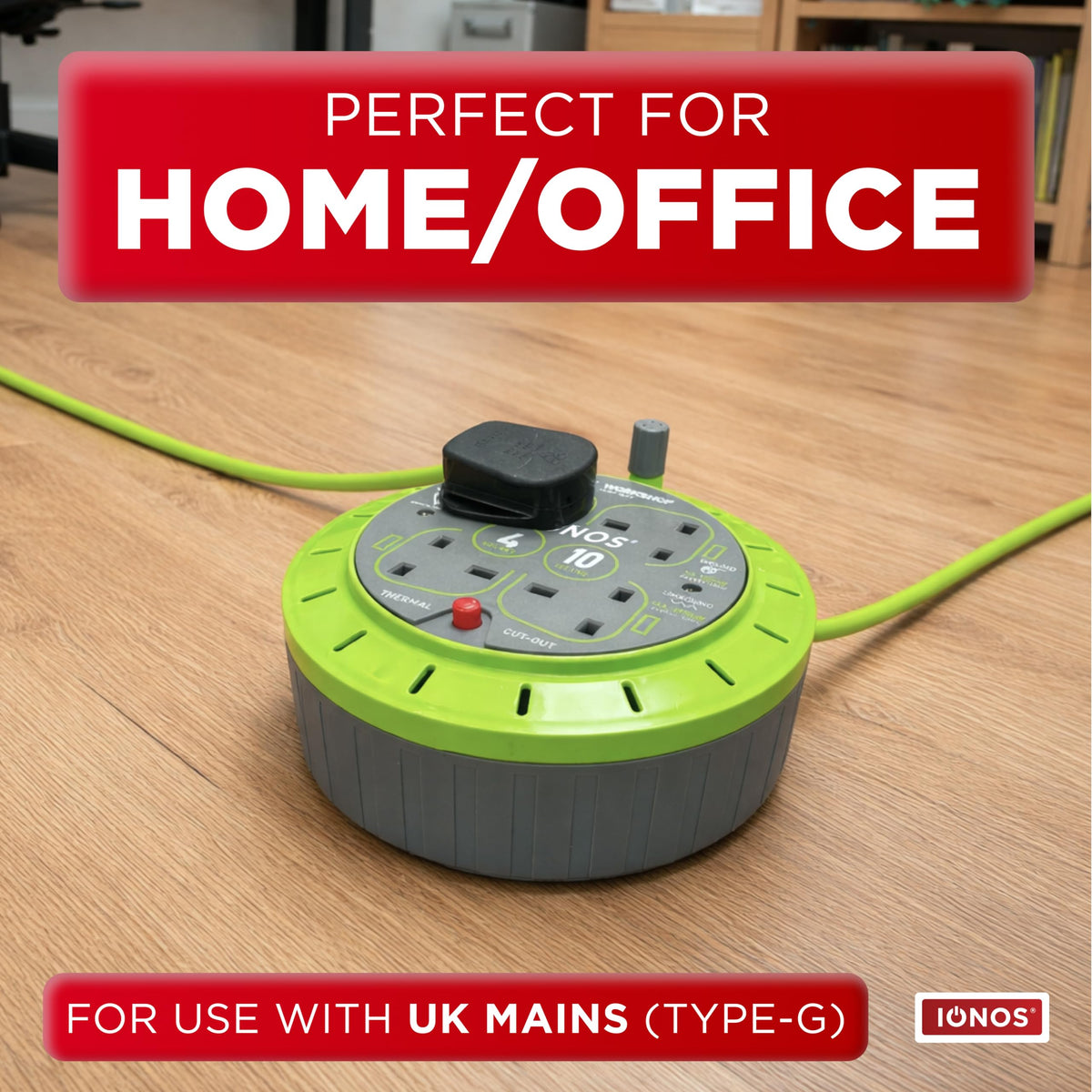 IONOS 2 Socket Cable Reel, 10m Outdoor Garden Extension Lead, DIY