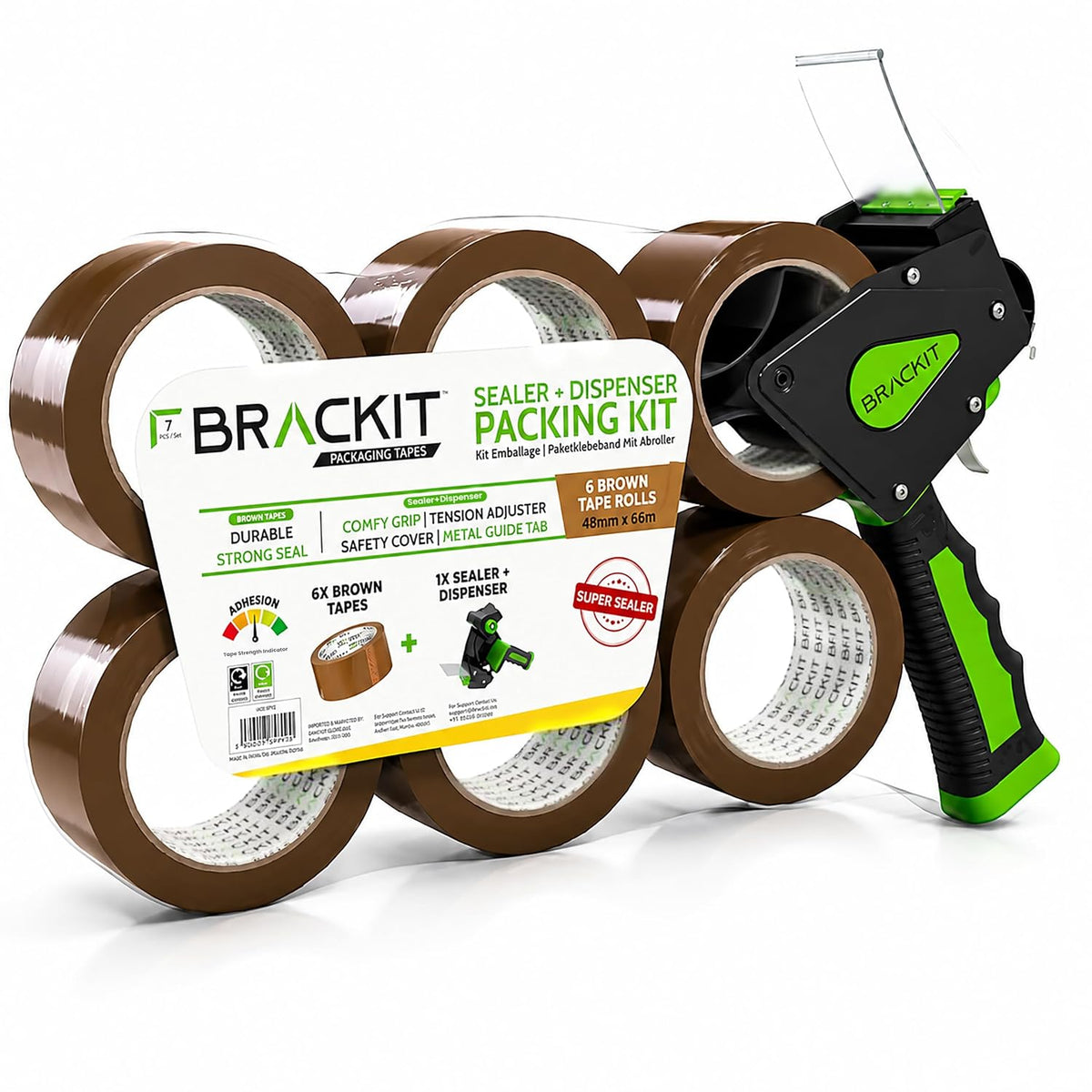 brackit Tape Gun Dispenser with 6 Brown Packing Tape Rolls 48mm x 66m