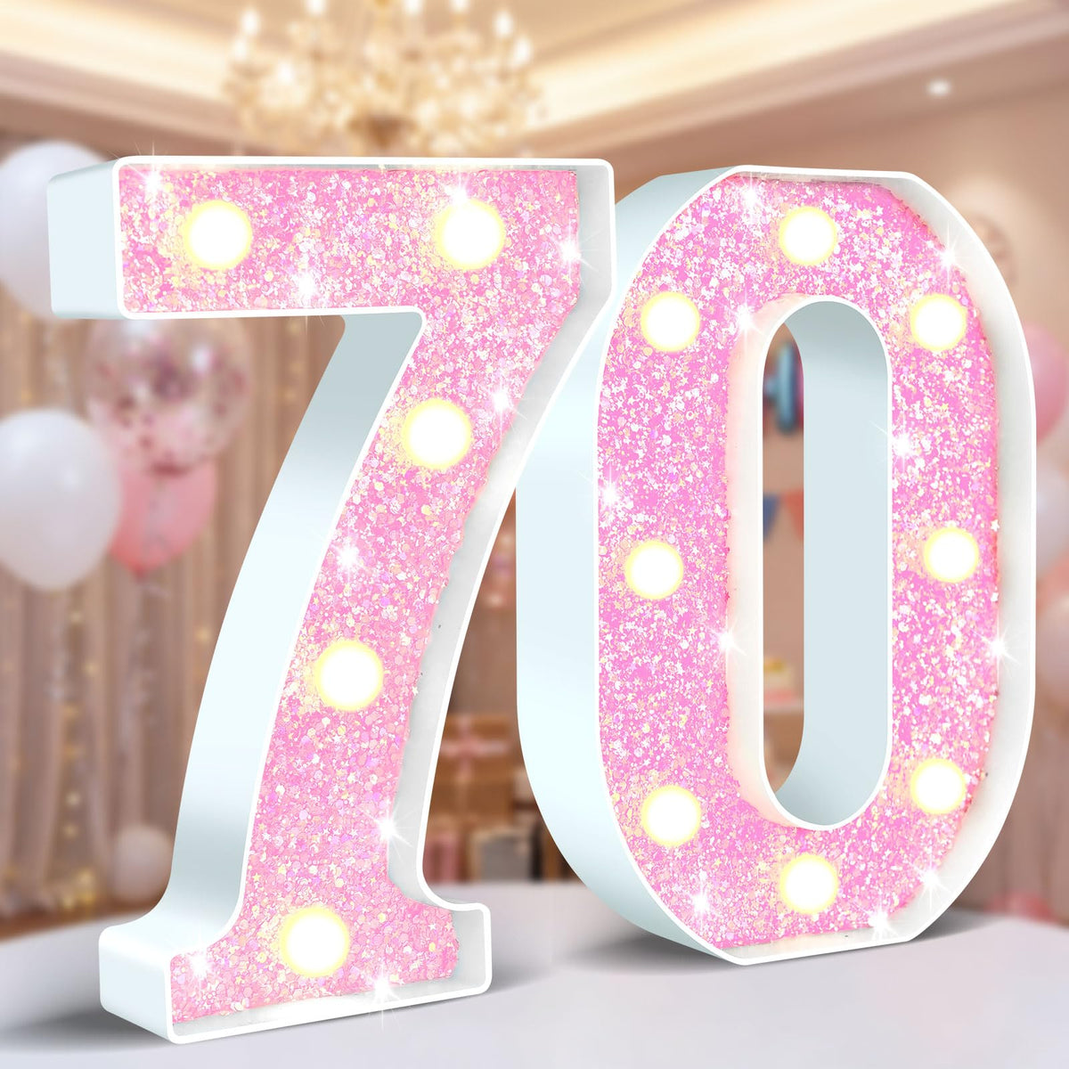 Ledido Pink Glitter Light Up Number 80 for 80th Birthday Decorations