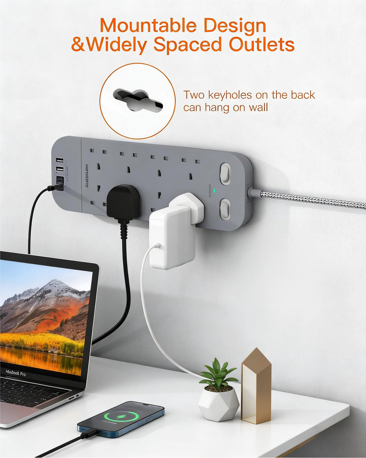 Extension Lead with 2 USB C Slots, 8 Way Power Strip Surge Protector