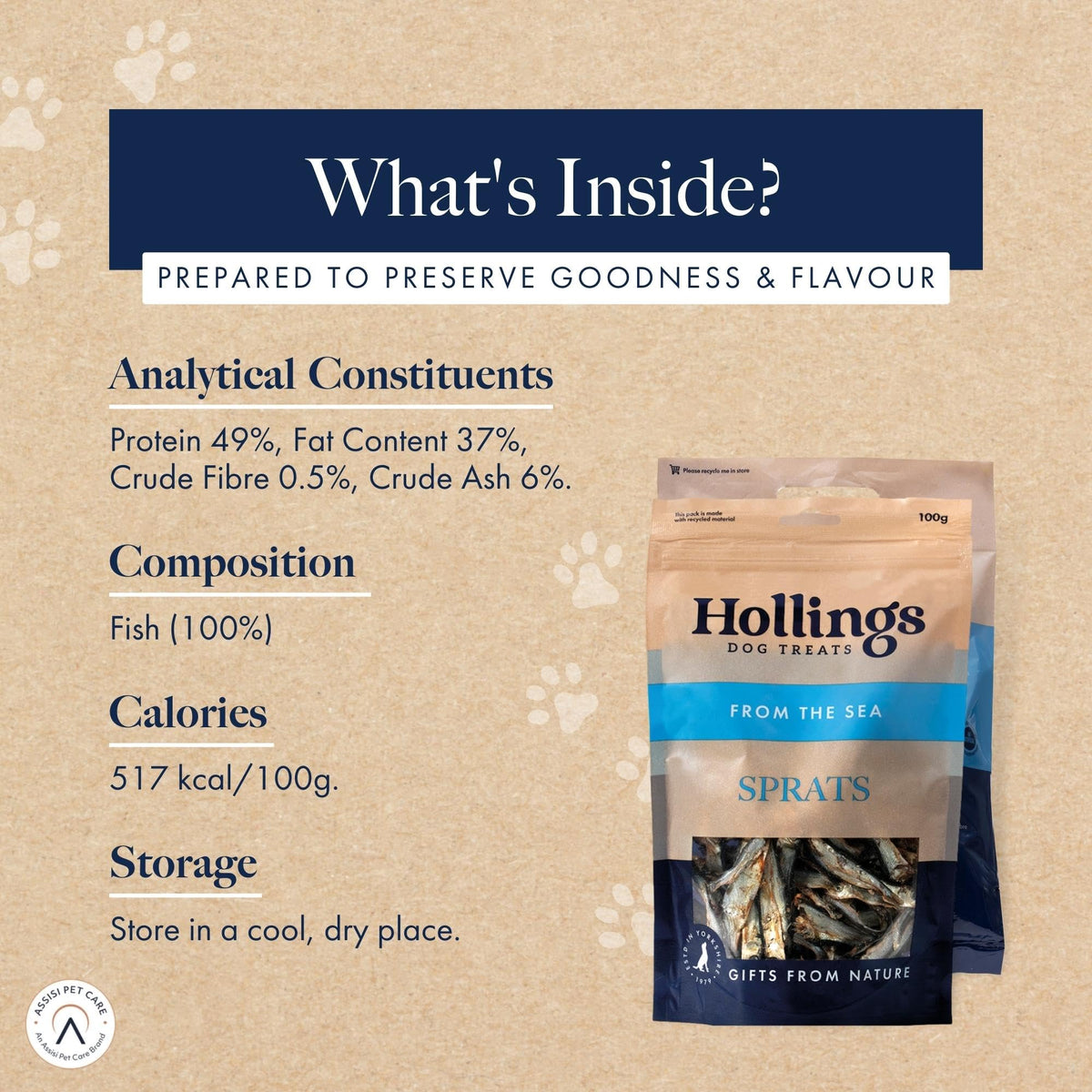 Hollings Sprats Dog Treats, 100% Natural with Fresh Fish Air Dried Treats for Dogs, Hypoallergenic and Grain Free 100g (Pack of 10)