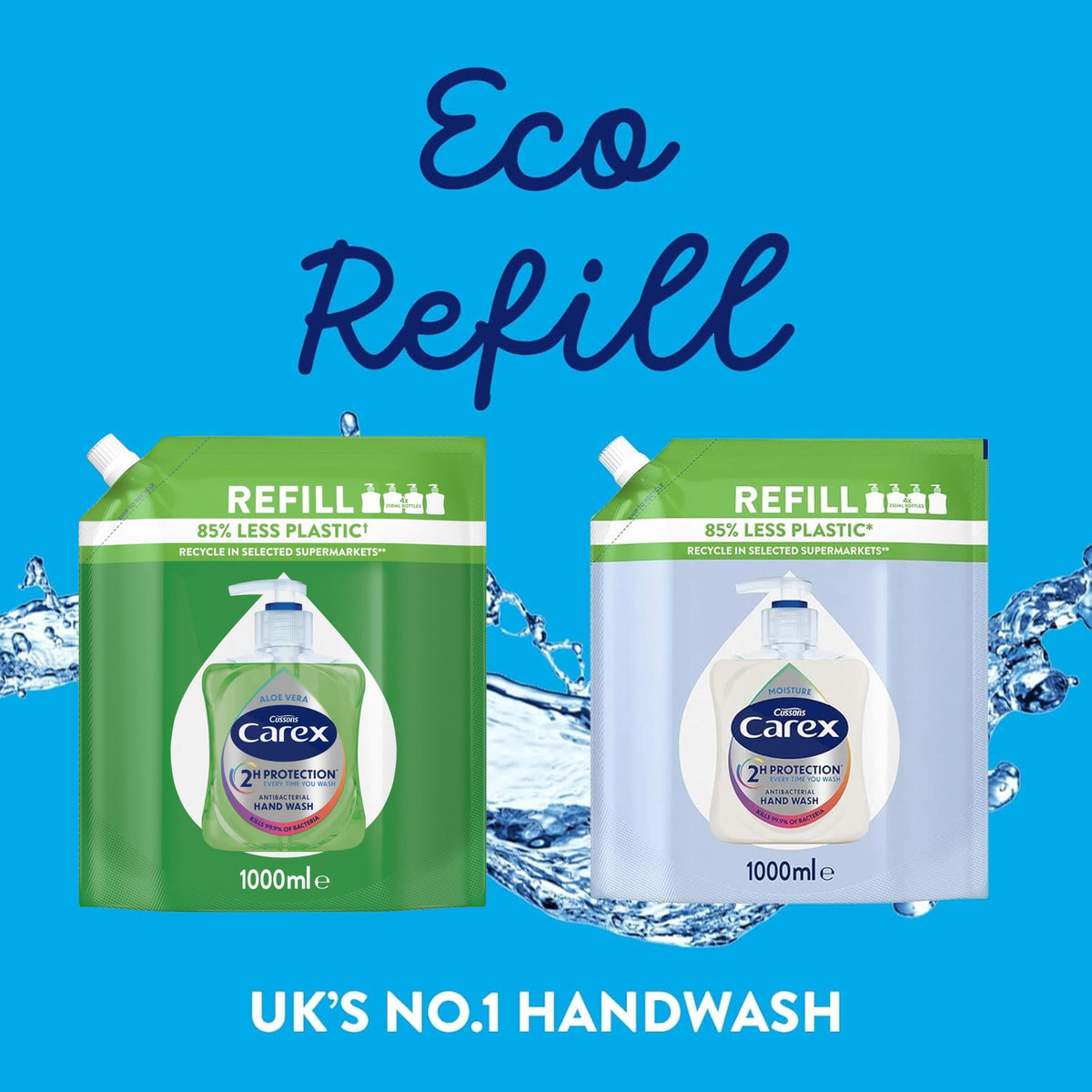 Carex 2 Hour Protection Antibacterial Moisture Hand Wash Refills, Liquid Hand Soap Eco Refill for Homes & Businesses, Caring Hand Wash, Bulk Buy, Pack of 3 x 1 litre
