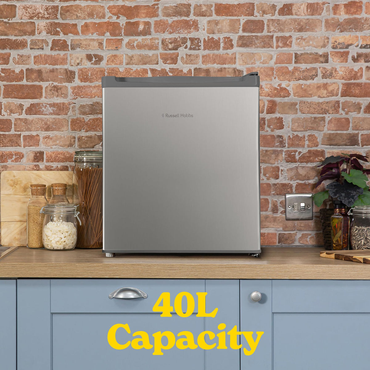 Russell Hobbs Table Top Larder Mini Fridge 66L Capacity, Reversible Door & Adjustable Feet, 0 to 8 Degrees Manual Temperature Control, Silver RH67TTLF0E1SS