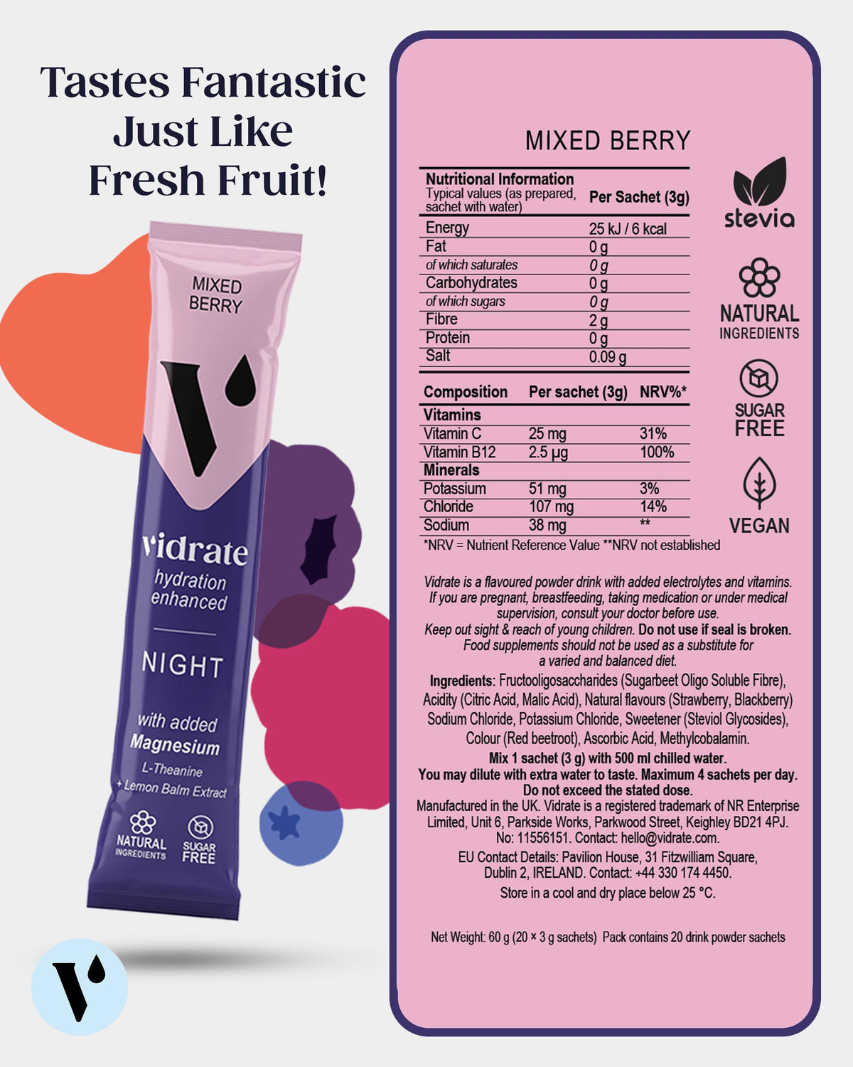 Vidrate Electrolytes Powder, Mixed Berry Variety Pack, 30 Sachets
