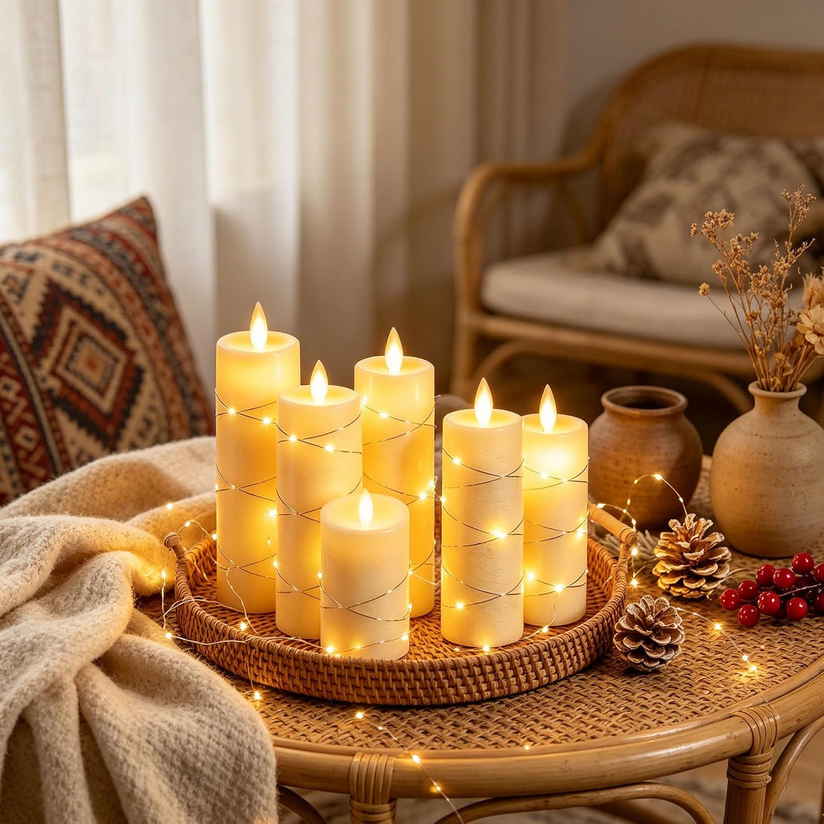 Da by 3 Pack Ivory Flameless LED Candles with Fairy Lights, Realistic Moving Flame Paraffin Wax Candles, Remote Control, Soft Warm Light, 8cm D x 12.5/14.5/16.5cm H, Indoor Wedding Home Decor