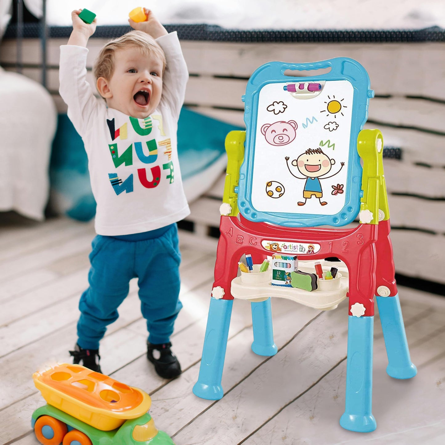 The Magic Toy Shop Kids Folding Double-Sided Magnetic Easel - 360° Rotating & Removable Drawing Board with Blackboard & Whiteboard - Magnets, Chalks, Markers, Stand - Art, Painting, & Writing (Pink)