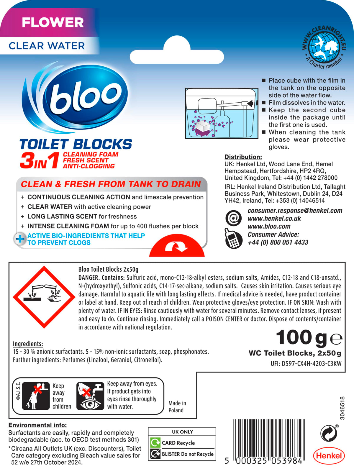 Bloo New 3in1 Toilet Blocks, Pack of 2, Toilet Limescale Remover Cistern Block, Toilet Cleaner Block with Cleaning and Foaming Action, Toilet Fresheners - Limescale Prevention