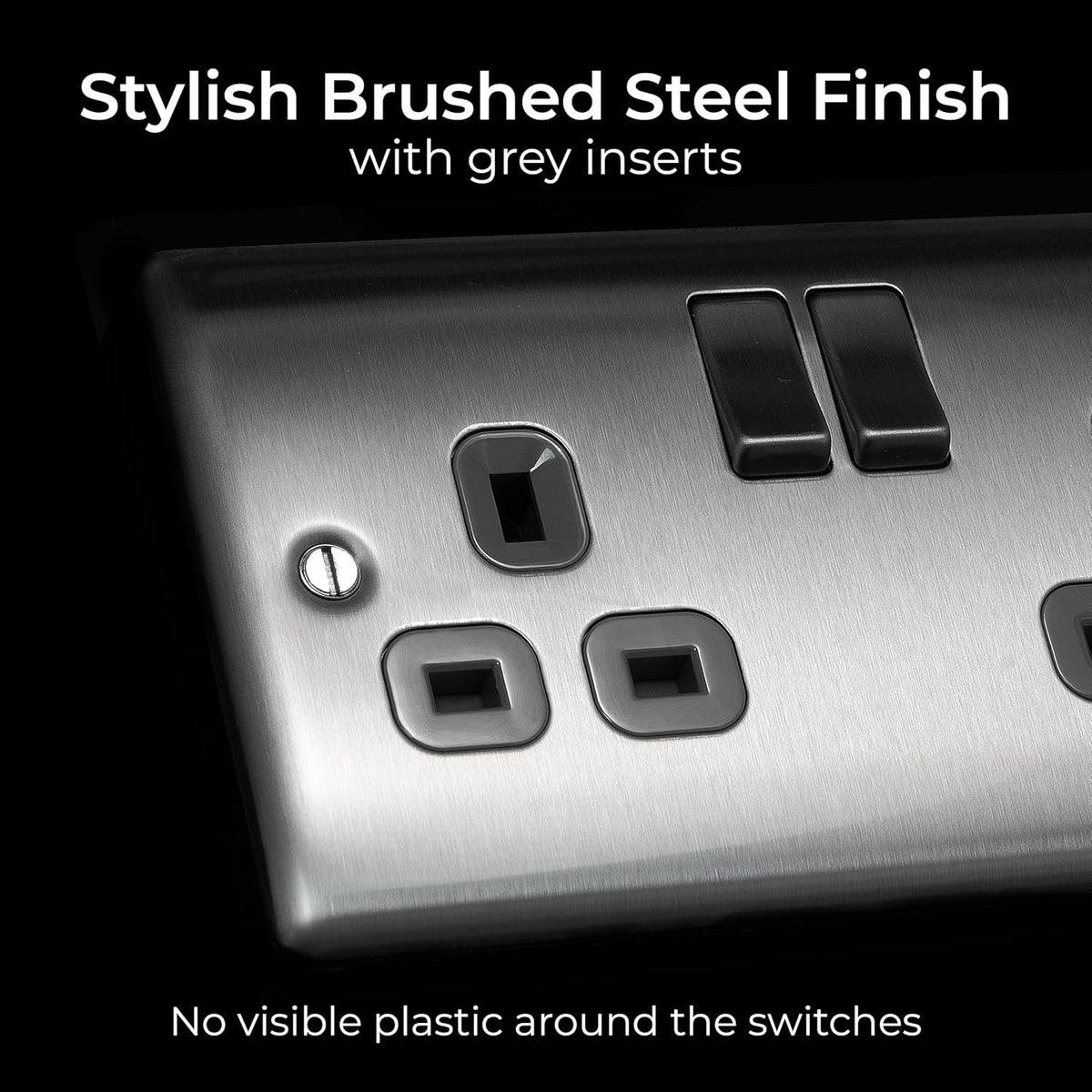 BG Electrical Double Switched Power Plug Wall Socket, Nexus Metal, Brushed Steel, Grey Inserts, 13A, NBS22G