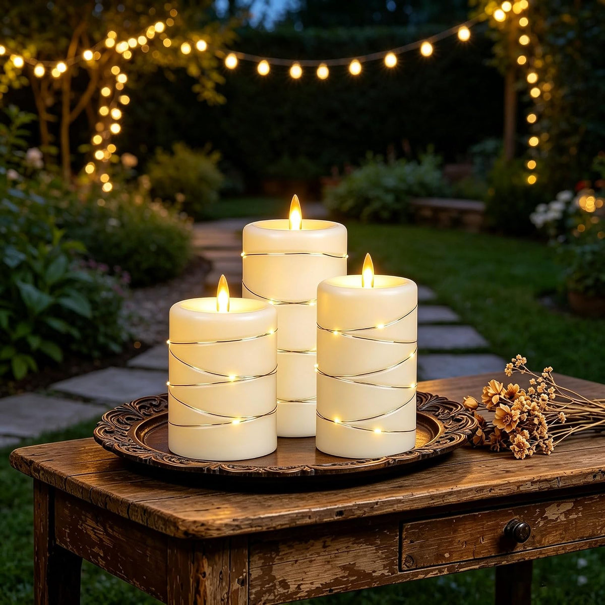 Da by 3 Pack Ivory Flameless LED Candles with Fairy Lights, Realistic Moving Flame Paraffin Wax Candles, Remote Control, Soft Warm Light, 8cm D x 12.5/14.5/16.5cm H, Indoor Wedding Home Decor