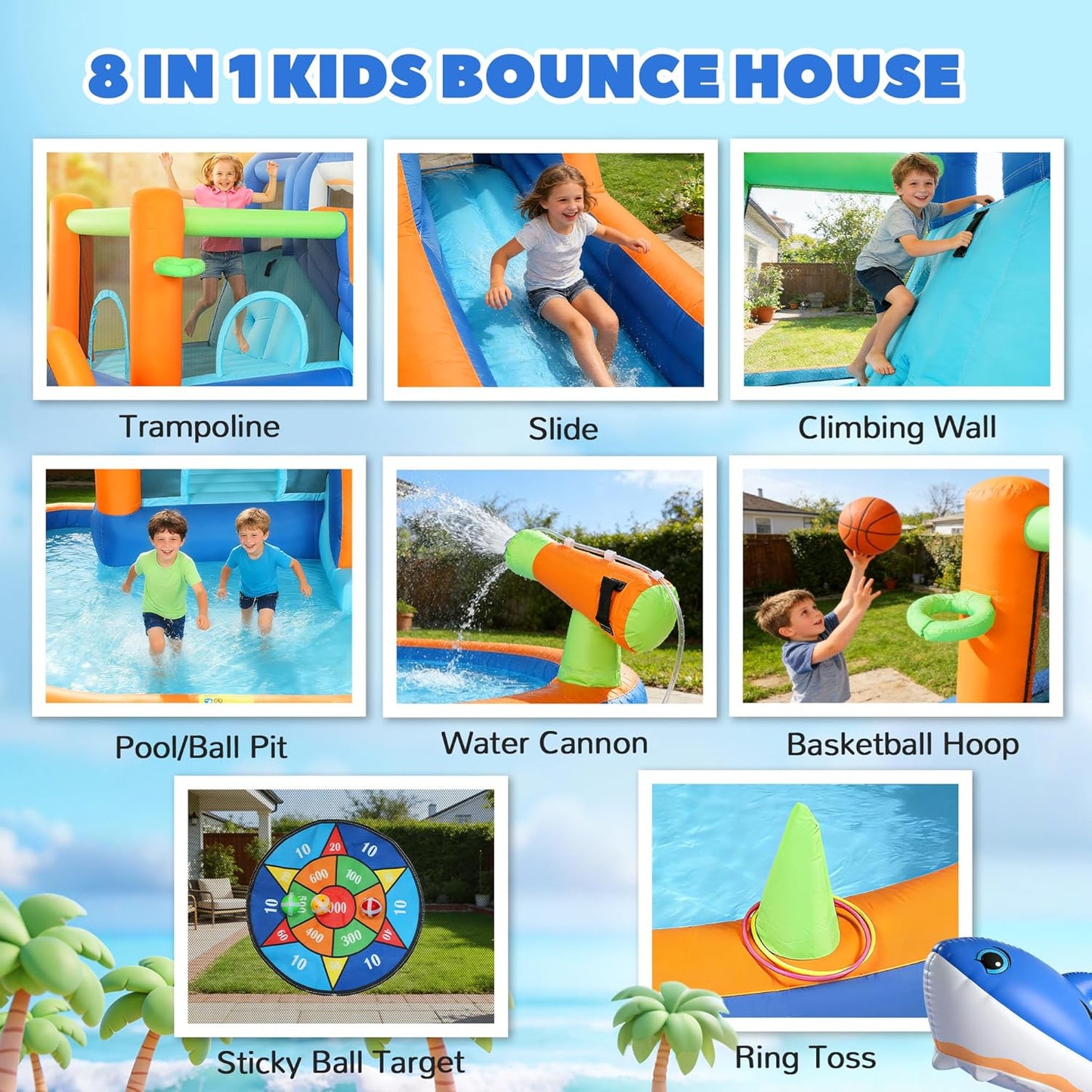 AIYAPLAY Large Inflatable Bouncy Castle for Kids, 8 in 1 Sharks Theme Jumping Bounce House with Slide, Ball Pit, Climbing Wall, Basketball Hoop and Blower for Indoor Outdoor Garden Party, Blue