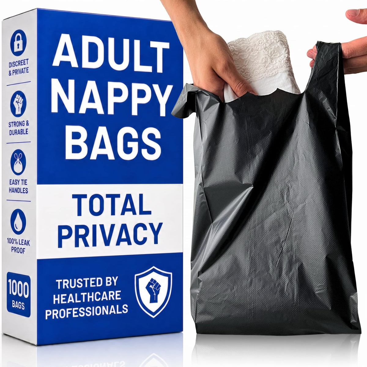 Adult Nappy Bags - 200 Pack, 20% Thicker Sacks, Easy Tie Handles, Odour Free, Discreet Black Plastic, Strong Sanitary Disposal Bag, Large Incontinence Pads