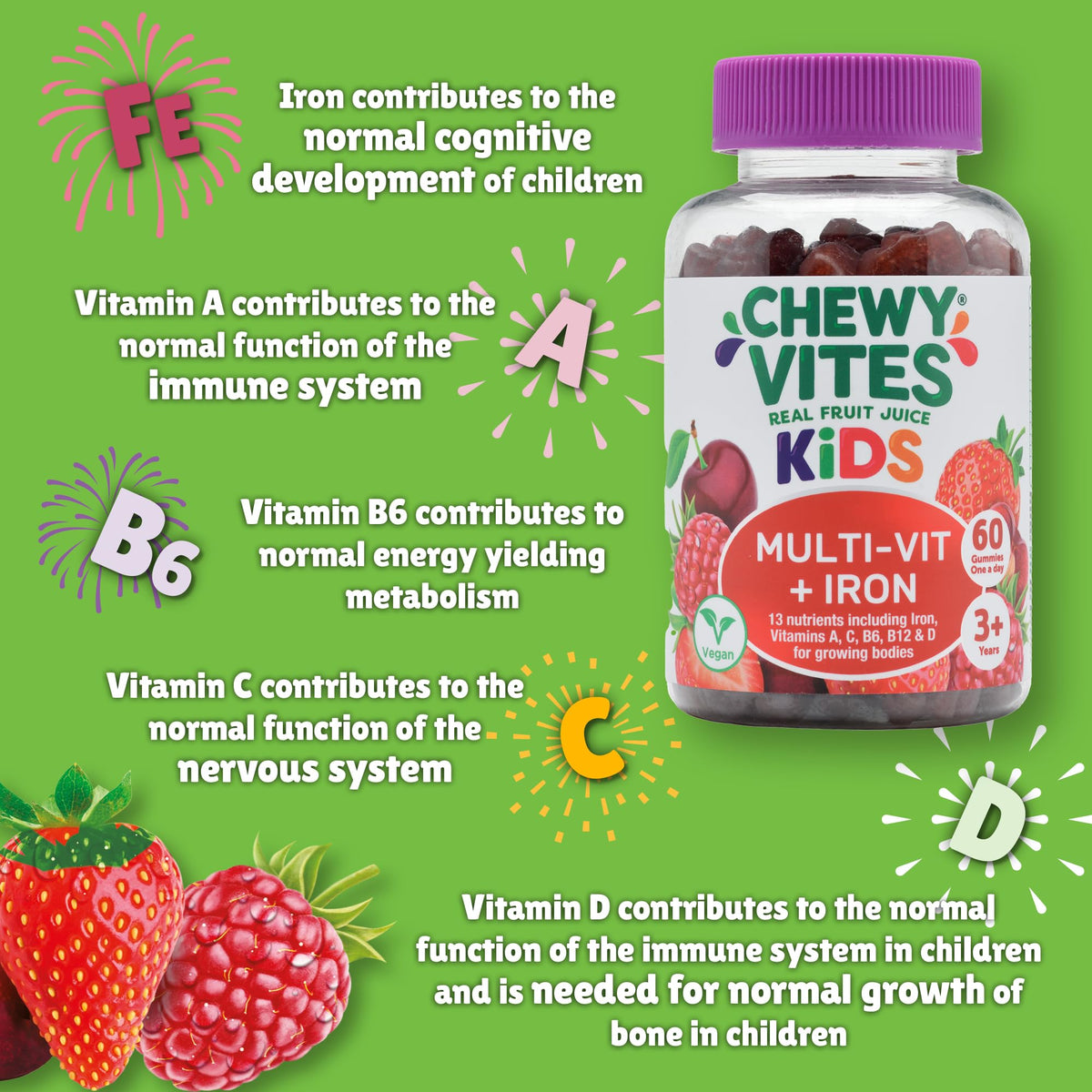 Chewy Vites Kids Multivitamin Advance, 60 Kids Vitamins Gummies, 11 Essential Nutrients, 2 Months Supply, Real Fruit Juice, Vegan, Age 3 +, Blueberry and Raspberry Flavour
