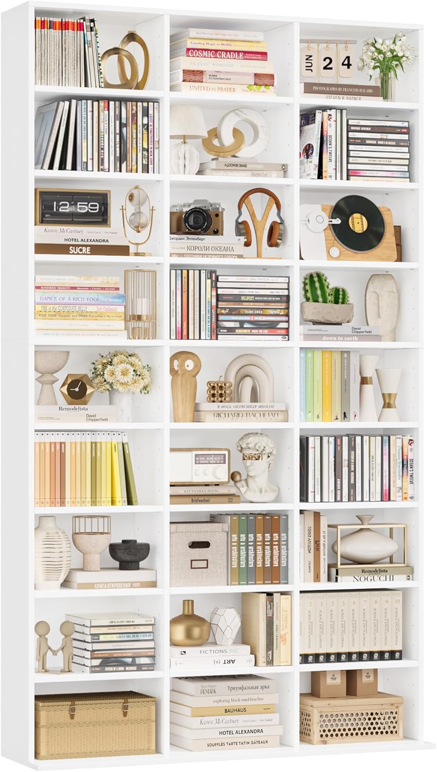 FirFurd Tall Bookcase CD DVD Storage Unit Tower Wooden Display Rack with Adjustble Shelves 27 Storage Compartments White Bookshelf 102.5x23.5x190cm