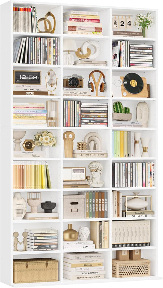 FirFurd Tall Bookcase with 27 Compartments — 21 Adjustable Shelves, CD/DVD Storage | 102.5x23.5x190cm | White