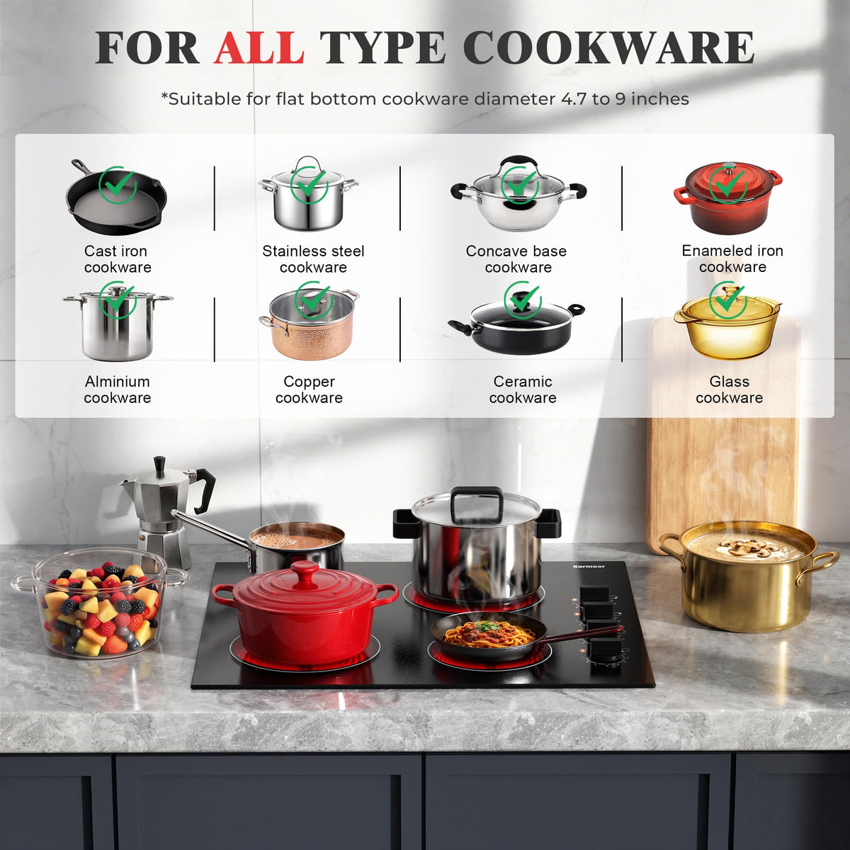 Karinear Electric Ceramic Hob 60cm 4 Zones with Built-in Extractor Hood