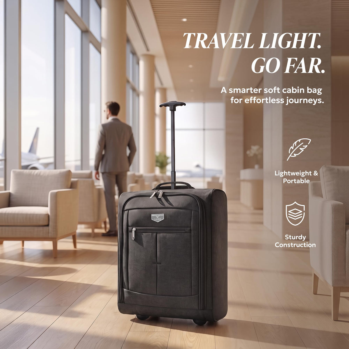LUGG Lightweight Cabin Luggage, 600D Polyester, Solid Wheels, 45x36x20cm