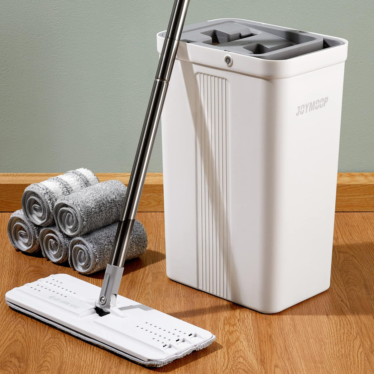 JOYMOOP Mop and Bucket with Wringer Set, Hands Free Flat Floor Mop and Bucket, with 3 Washable Microfiber Pads, Wet and Dry Use, Floor Cleaning System