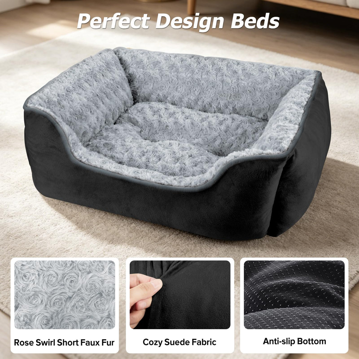 JOEJOY Dog Bed Medium - Washable Rectangle Dog Beds, Anti-Anxiety, Soft Plush Non-Slip Bottom Pet Bed - Small | Medium | Large Size Mattress Mat, Grey