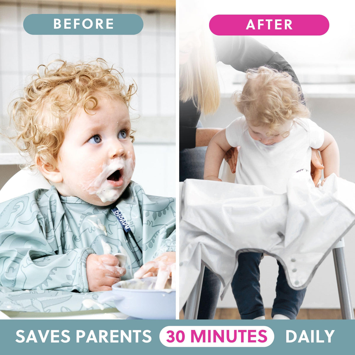 BIBaDO Long Sleeve Baby Bibs - Coverall Weaning Bib with Highchair Strap