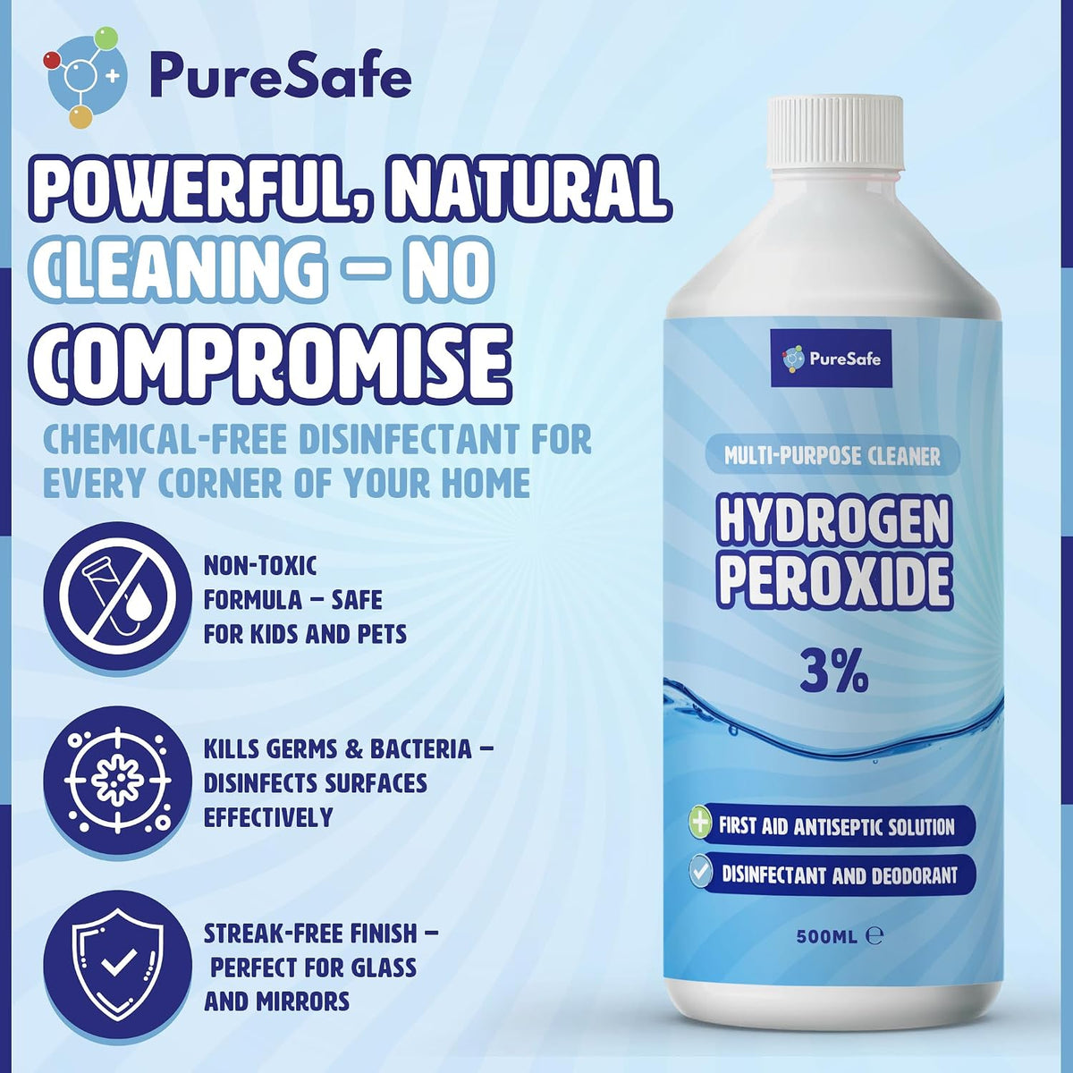Pure Safe Hydrogen Peroxide 3% Solution 500ml – Multi-Purpose Household Cleaner, Surface Disinfectant, Mould and Mildew Remover, Stain Fighter, Grout Whitener, Kitchen and Bathroom Sanitiser