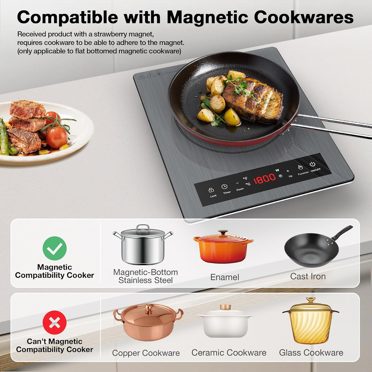 VBGK Double Electric Hob, 220V 3600W Ceramic Hob with Handle, Electric Hot Plate with 9 Power Levels, Child Safety Lock, Timer,Knob and Touch Control, 2 Burner Cooktop