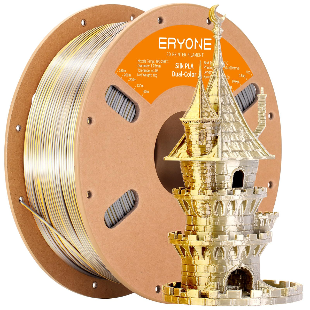 ERYONE Silk PLA Filament 1.75mm,3D Printer Filament PLA,Shiny Glossy PLA Filament,+/-0.03mm,1kg(2.2lbs)/Spool,Silk Liquid Gold