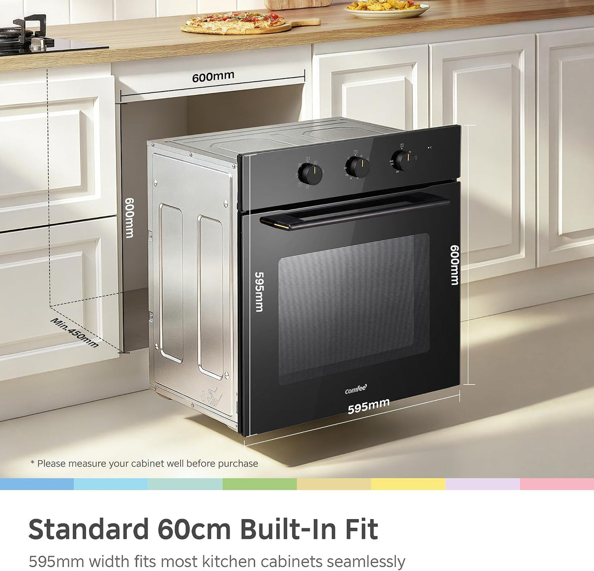 COMFEE' 60L, 60cm Wide, Single Electric Built-in Fan Oven, 8 Function with Air Fry, Multiphase Cooking and Easy Cleaning Removable Door, Color Black - CBO60M80M1-BK