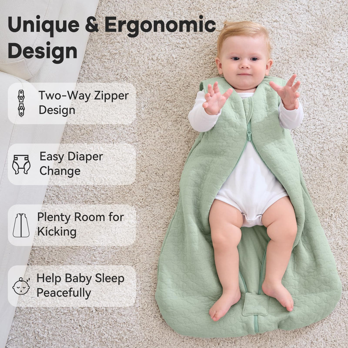 Unnivoll Baby Sleeping Bag 2.5 Tog 0-6 Months 100% Cotton Winter Sleeping Bag Baby 2-Way Zipper Quilted Sleep Sack for Newbron Infant Warm Soft Apricot