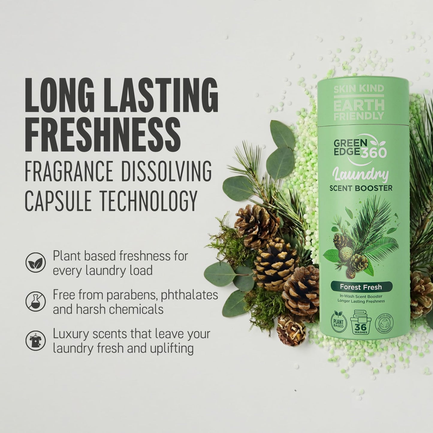 Green Edge 360 Long Lasting in Wash Scent Booster Beads 750g Premium Natural Laundry Perfume Plastic Free Scent Beads Biodegradable Eco Friendly (Forest Fresh)