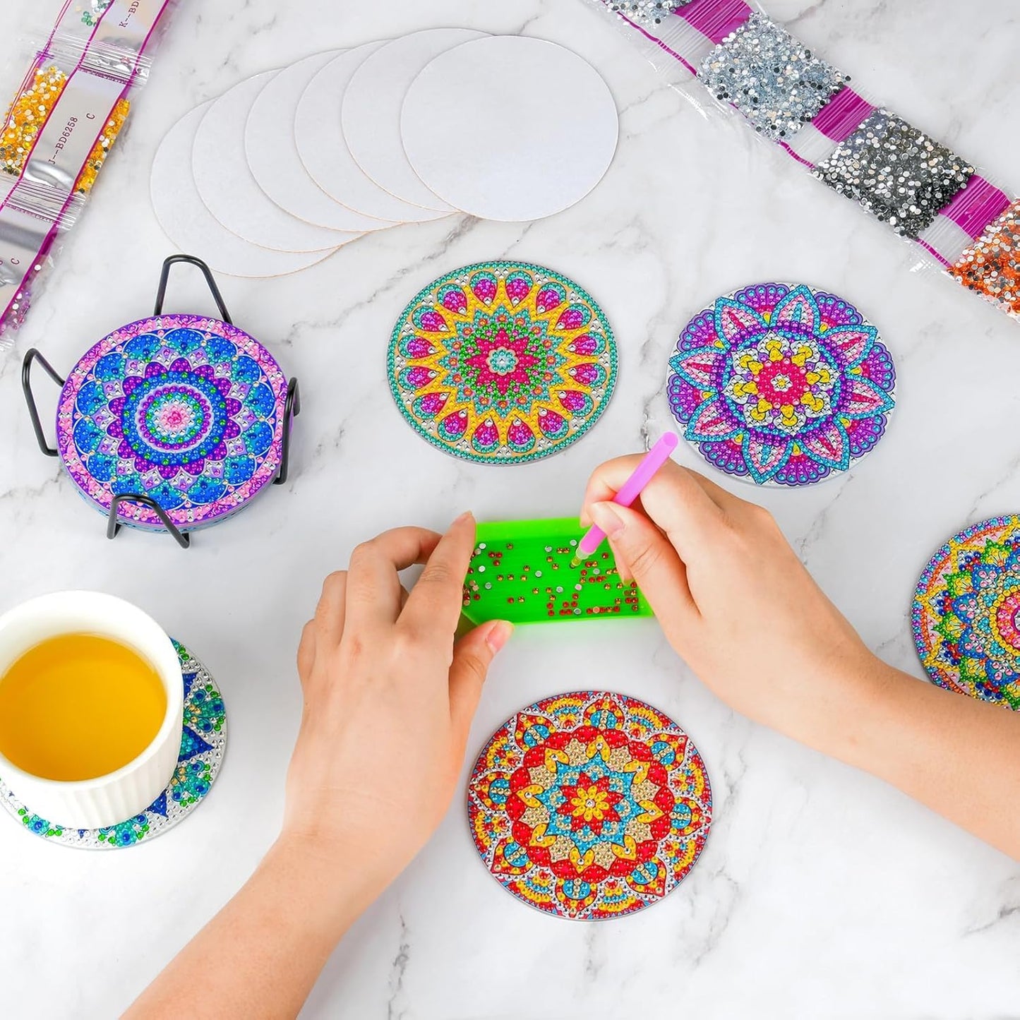 8 Pcs Flowers Diamond Art Coasters Kits for Adults Begainners,Full Drill Diamond Painting Coasters Kit with Holder,DIY Gem Painting Craft Kits for Adults Supplies Gift (Flowers).