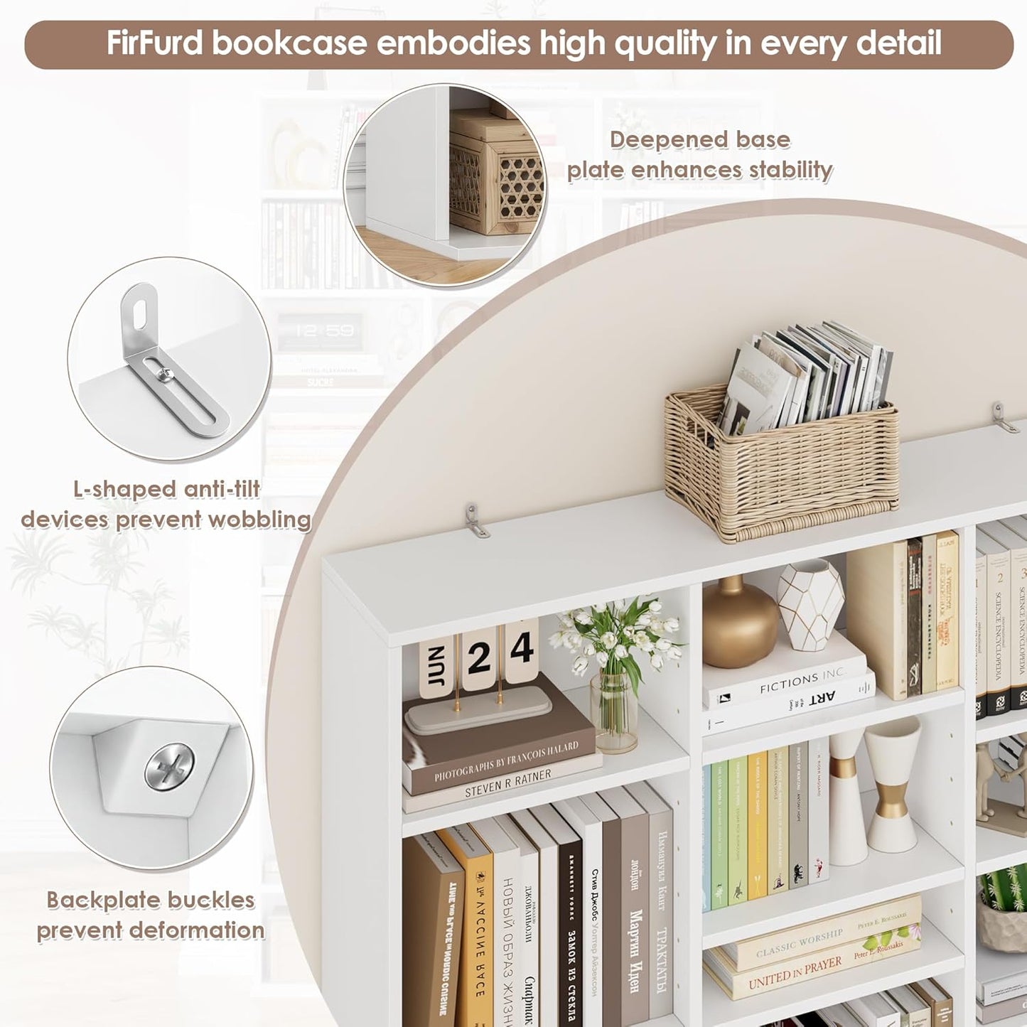 FirFurd Tall Bookcase CD DVD Storage Unit Tower Wooden Display Rack with Adjustble Shelves 27 Storage Compartments White Bookshelf 102.5x23.5x190cm