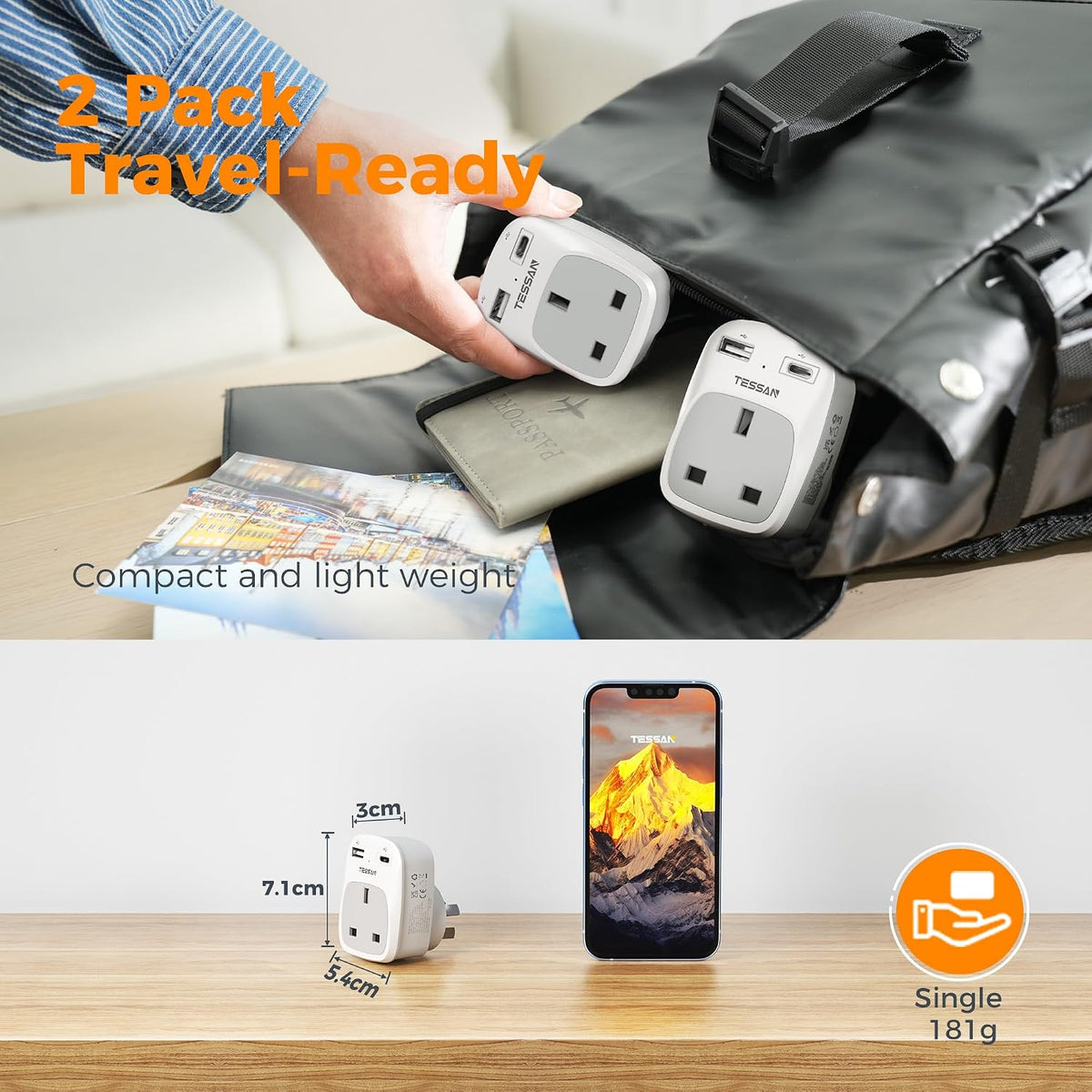 TESSAN UK to Australia Plug Adapter, Type I AU NZ Travel Adapter with USB C