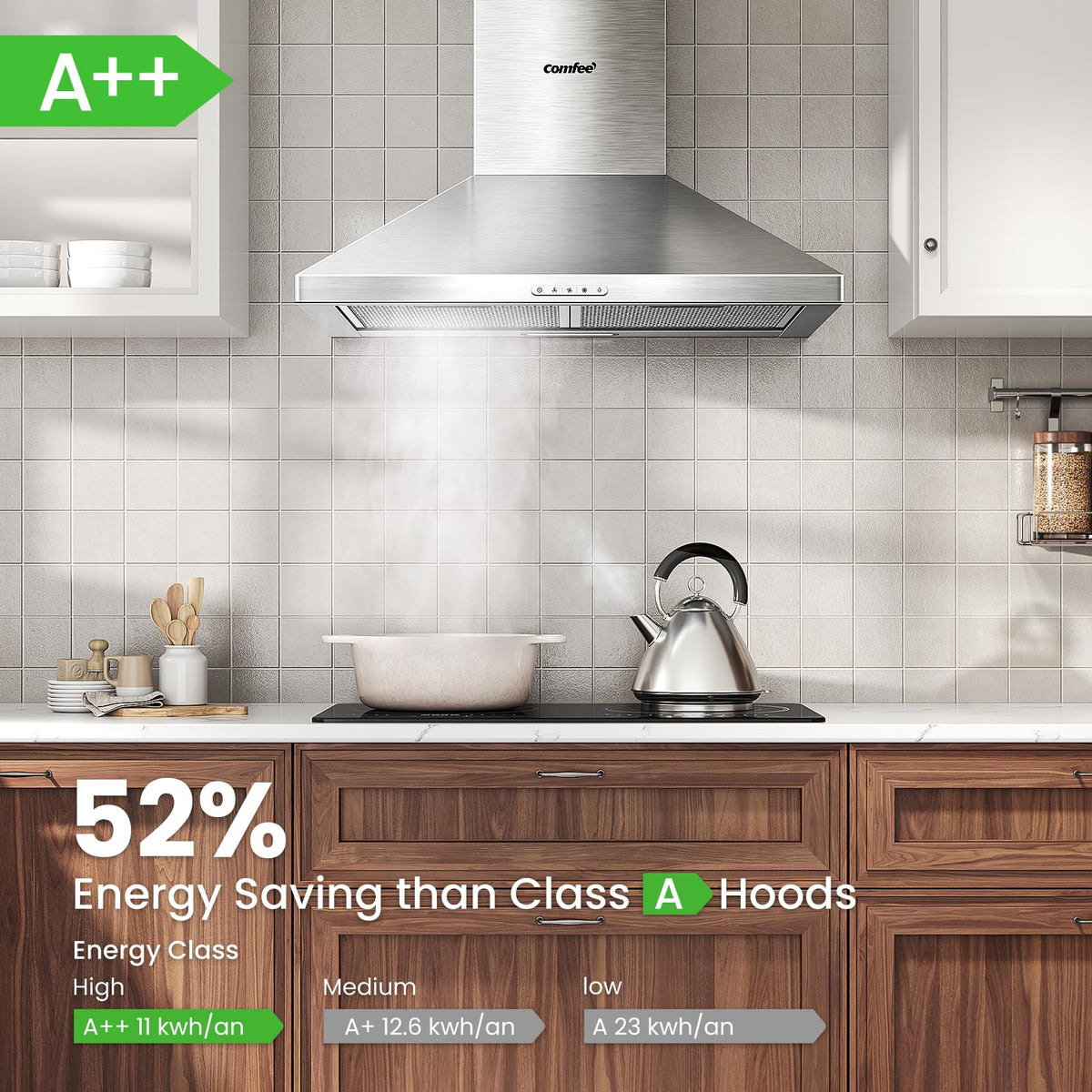 COMFEE' 90cm Chimney Cooker Hood, Class A++ Wall Mounted Kitchen Extractor