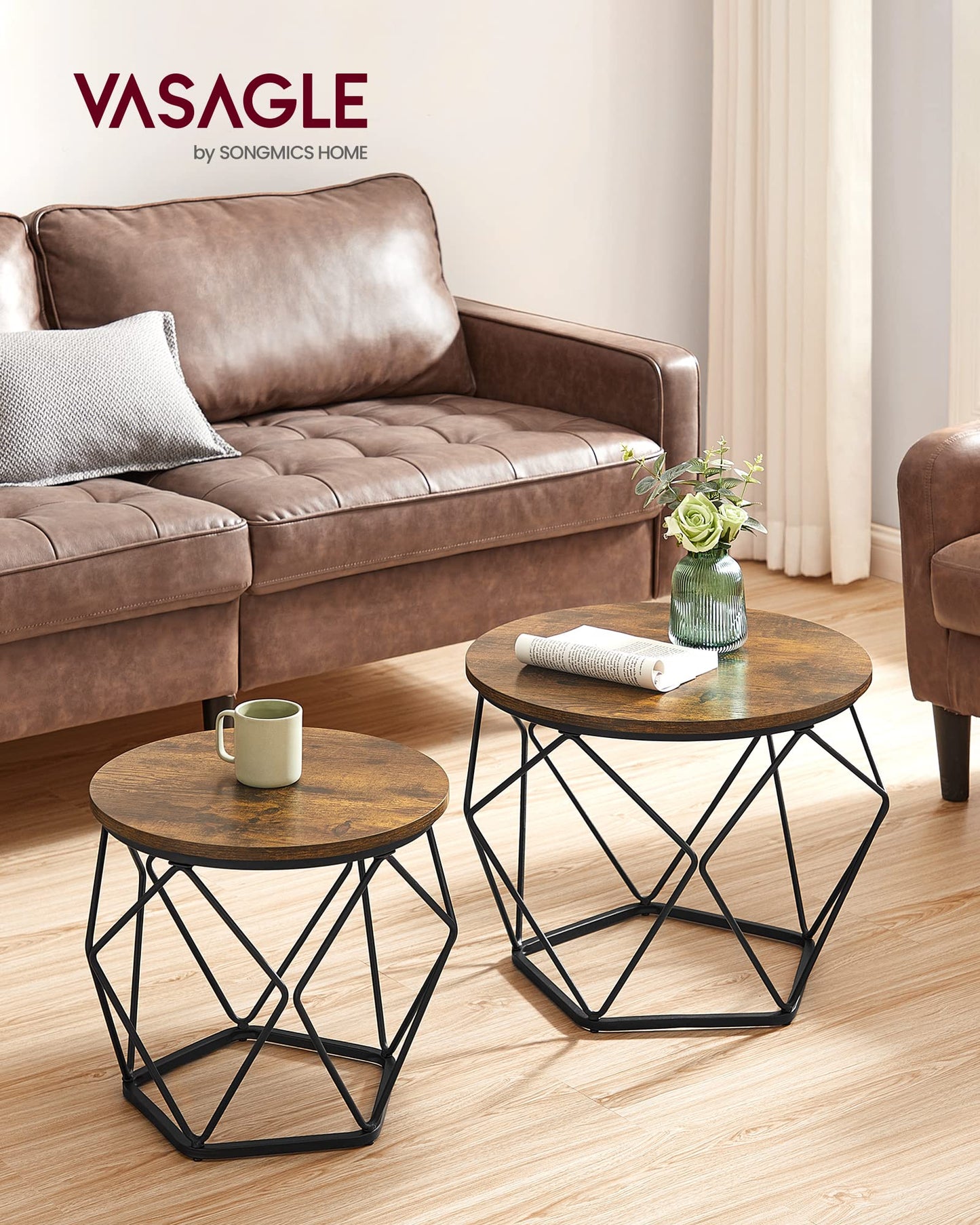 VASAGLE Coffee Tables, Set of 2 Side Tables, Robust Steel Frame, for Living Room, Bedroom, Rustic Brown and Black LET040B01