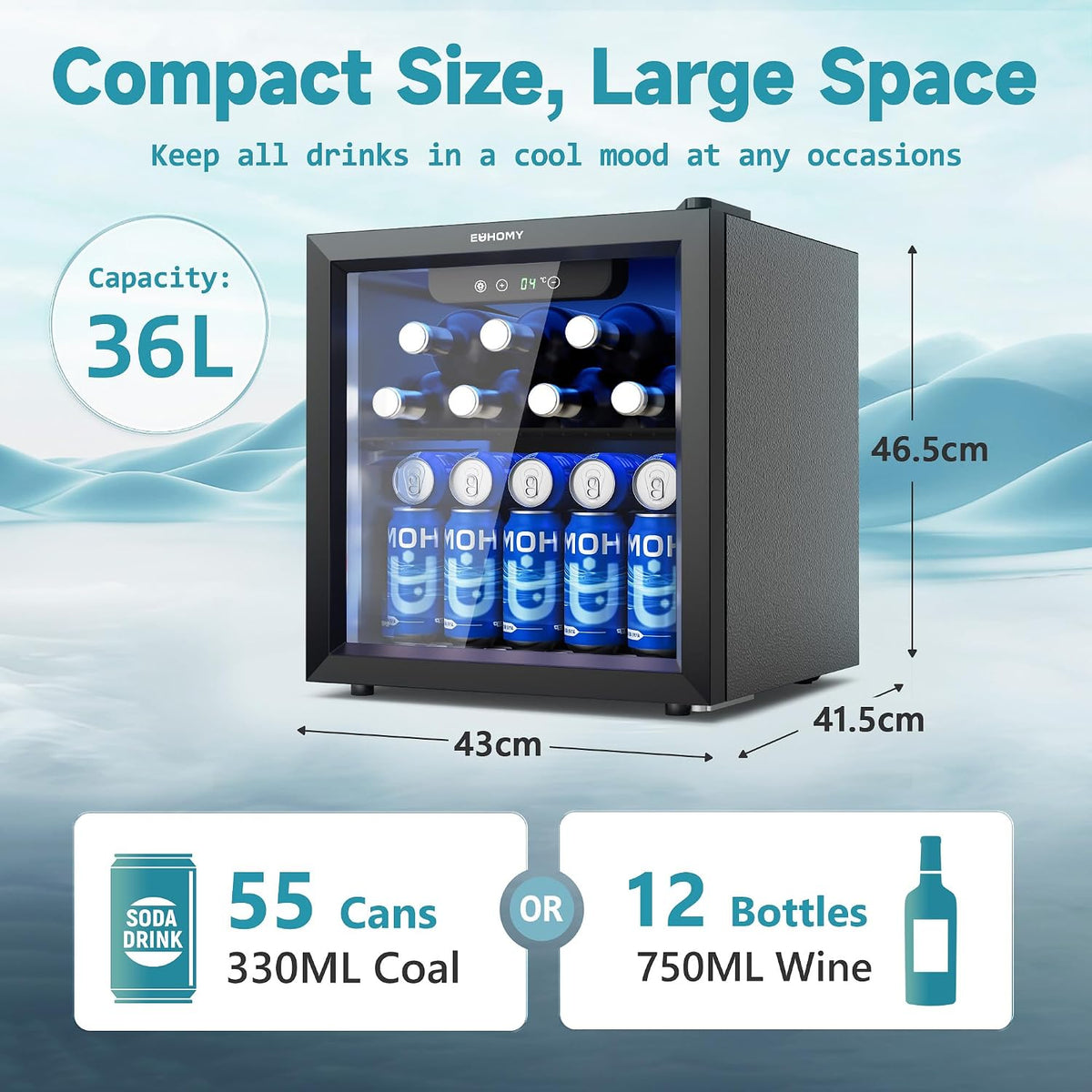 EUHOMY Beer Fridge with Glass Door, Mini Drinks Fridge 55 Can, Wine Fridge with Blue LED, Beverage Refrigerators, Removable Shelves for Bar/Home/Office/Dorm, Black, 36 L [Energy Class G]