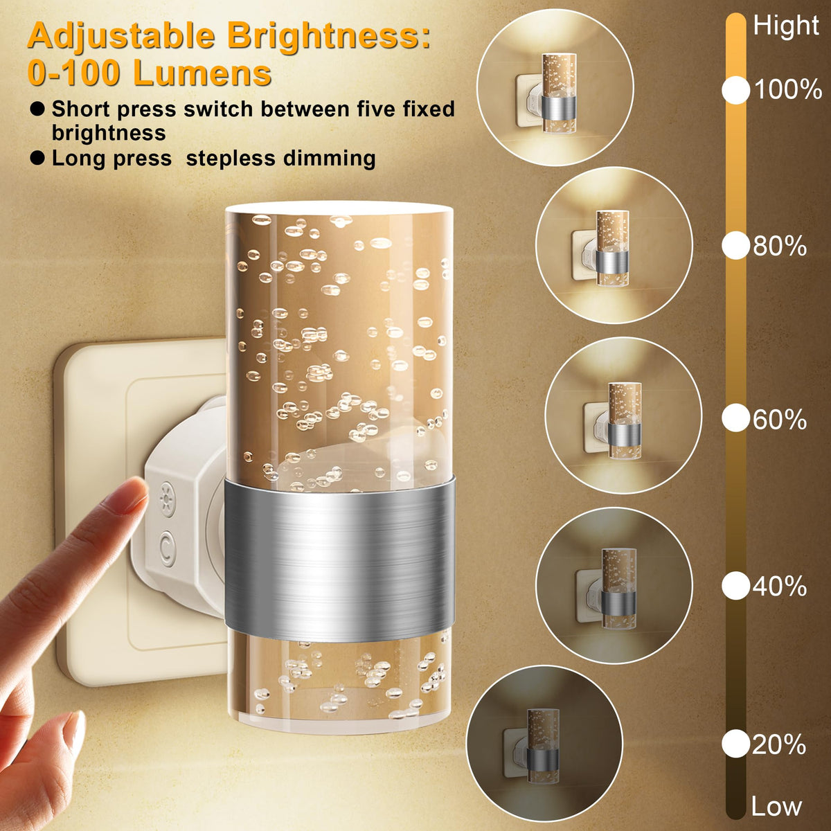Night Light Plug in Wall with Dusk to Dawn Sensor Modern 2 Pack Gold