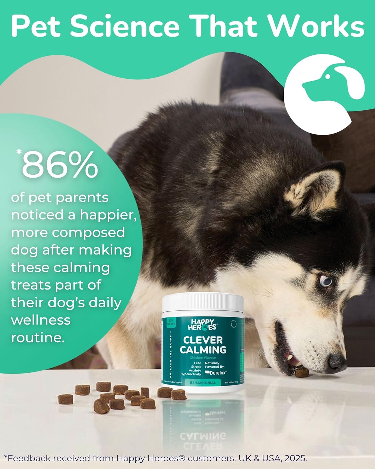 Clever Calming Dog Treats, 100% Natural Supplement, Behavioural Health, Reduces Stress, Fear, Hyperactivity, Aggression, Dog Anxiety Relief & Relaxation, 120 Grain Free Dog Treats
