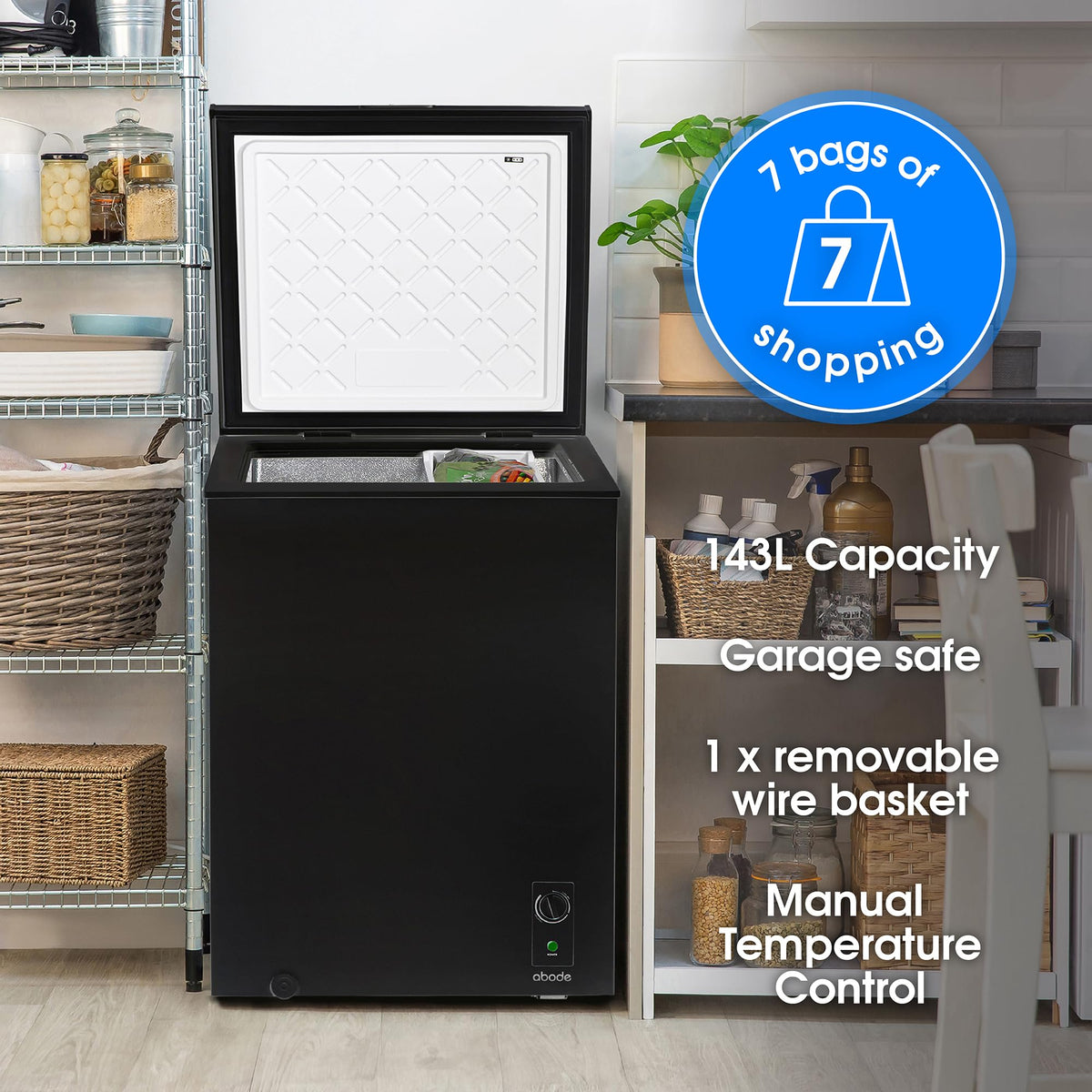 Abode Freestanding White Chest Freezer 99L with Removable Wire Basket & Counter Balance Lid, Adjustable Thermostat, 4 Star Freezer, Suitable for Garages & Outbuildings A99CF0E1W