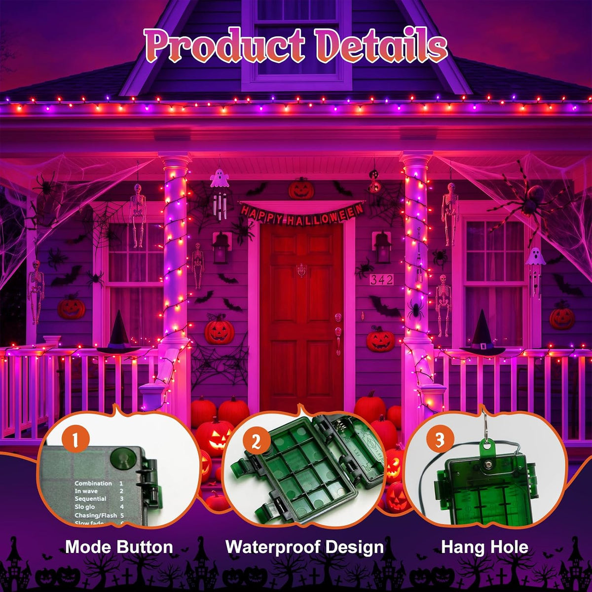 Halloween Lights Outdoor Remote,Orange Purple Fairy Light Battery Operated