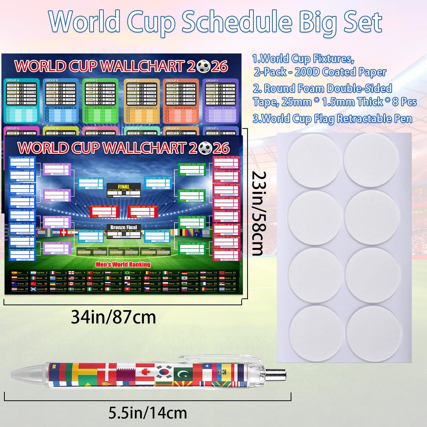 Aurblyn 11 Pcs World Cup Football 2026 Tournament Fixtures Folded Poster Handwritten Watercolour Pen World 8adhesive Backing 87x58cm For Bedroom For Men and Women Gifts for Fans (Background -4)