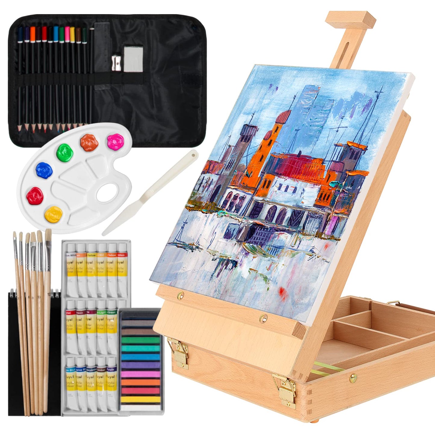 Kuyal Wood Box Easel Artists Painting Set with 18 Acrylic Oil Paint Colors, 12 Color Pencil, 6 Artist Brushes, 1 Stretched Canvas, 12 Soft Pastels, Art Table Easel with Supplies