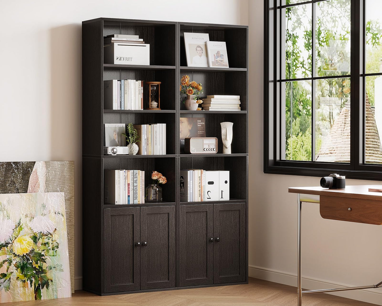 Coleshome 6-Tier Bookcase with Doors and Cabinet, Bookshelf Floor Standing Display Storage Shelf, Bookcases for Home, Office, Living Room, Bedroom, White, 48 x 24 x 176.4