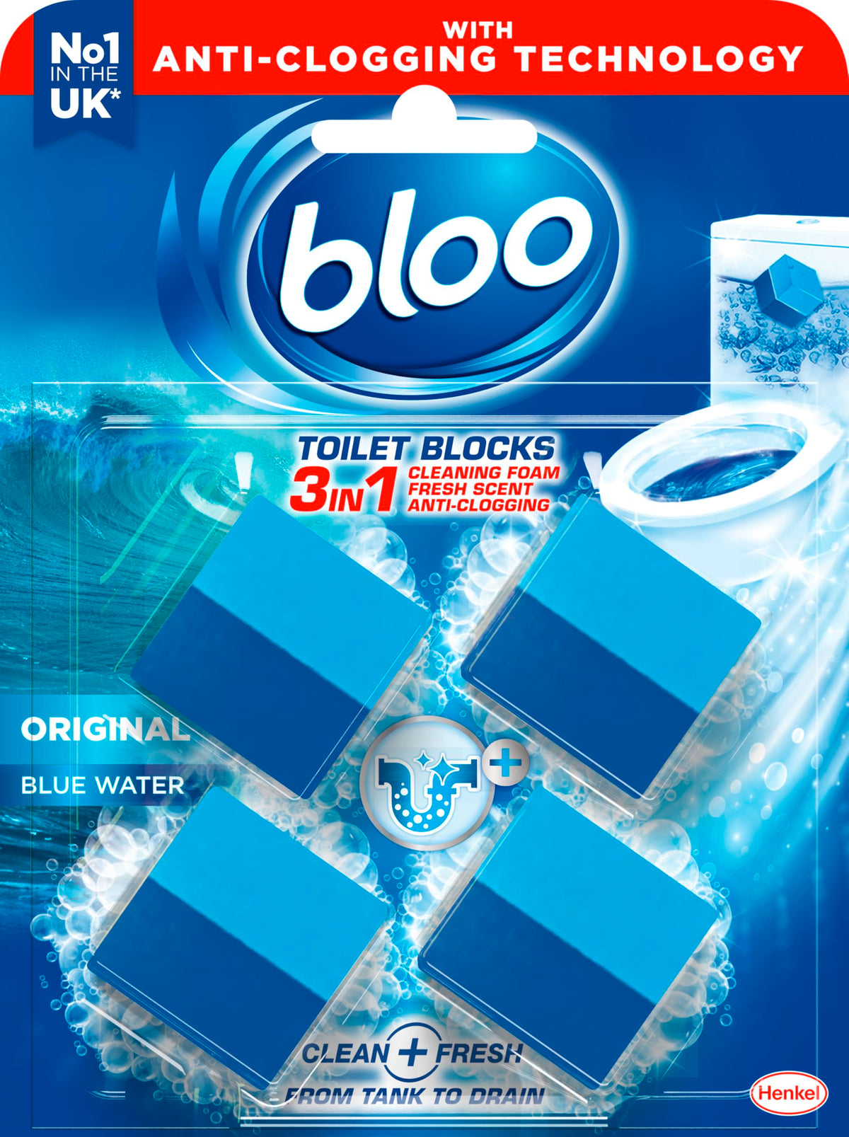 Bloo New 3in1 Toilet Blocks, Pack of 2, Toilet Limescale Remover Cistern Block, Toilet Cleaner Block with Cleaning and Foaming Action, Toilet Fresheners - Limescale Prevention