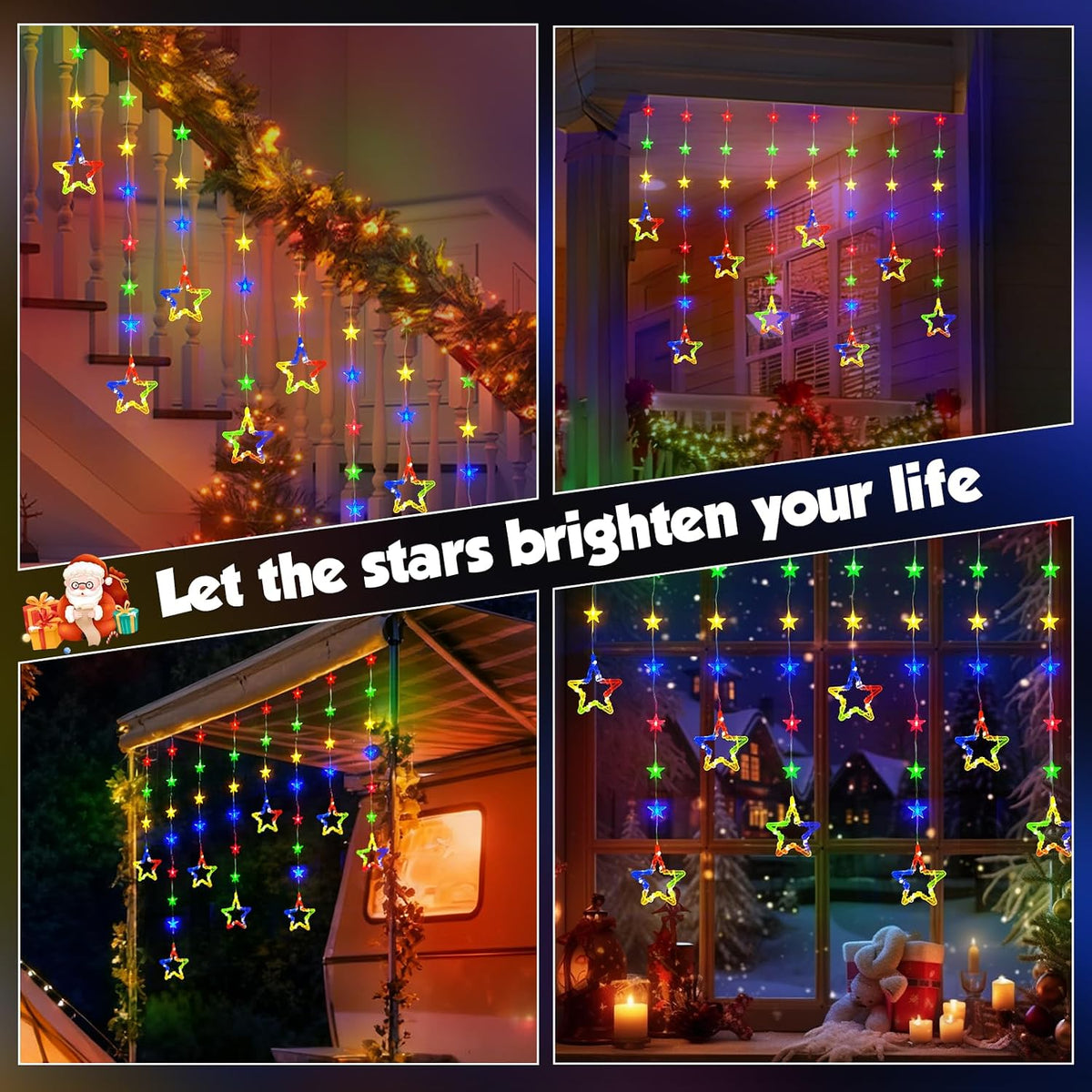 Christmas Star Window Lights, 2M 48 Stars 80 LED Curtain Fairy Lights with Remote, Timer, 8 Modes, Dimmable, USB Powered String Lights for Window, Bedroom, Party, Christmas Decorations