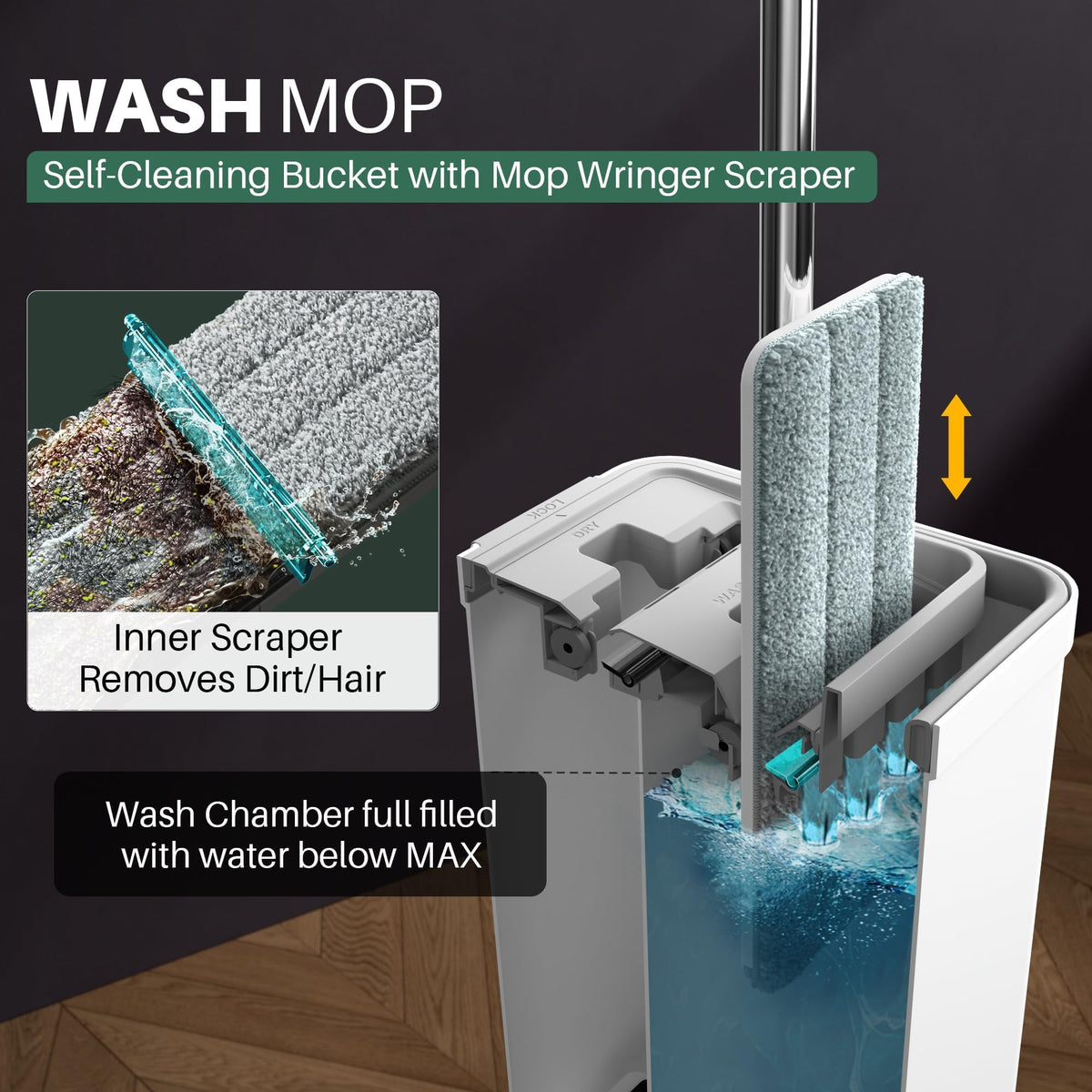 JOYMOOP Mop and Bucket with Wringer Set, Hands Free Flat Floor Mop and Bucket, with 3 Washable Microfiber Pads, Wet and Dry Use, Floor Cleaning System