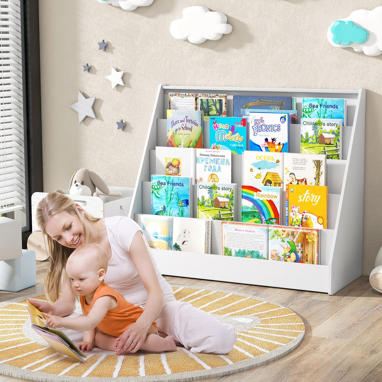 COSTWAY Wooden Kids Bookshelf, 5 Tier Children Bookcase with Deep Compartments, Back Storage Space, Front-Facing Books Display Rack for Playroom, Daycare, Kid’ Room (Rustic Brown)
