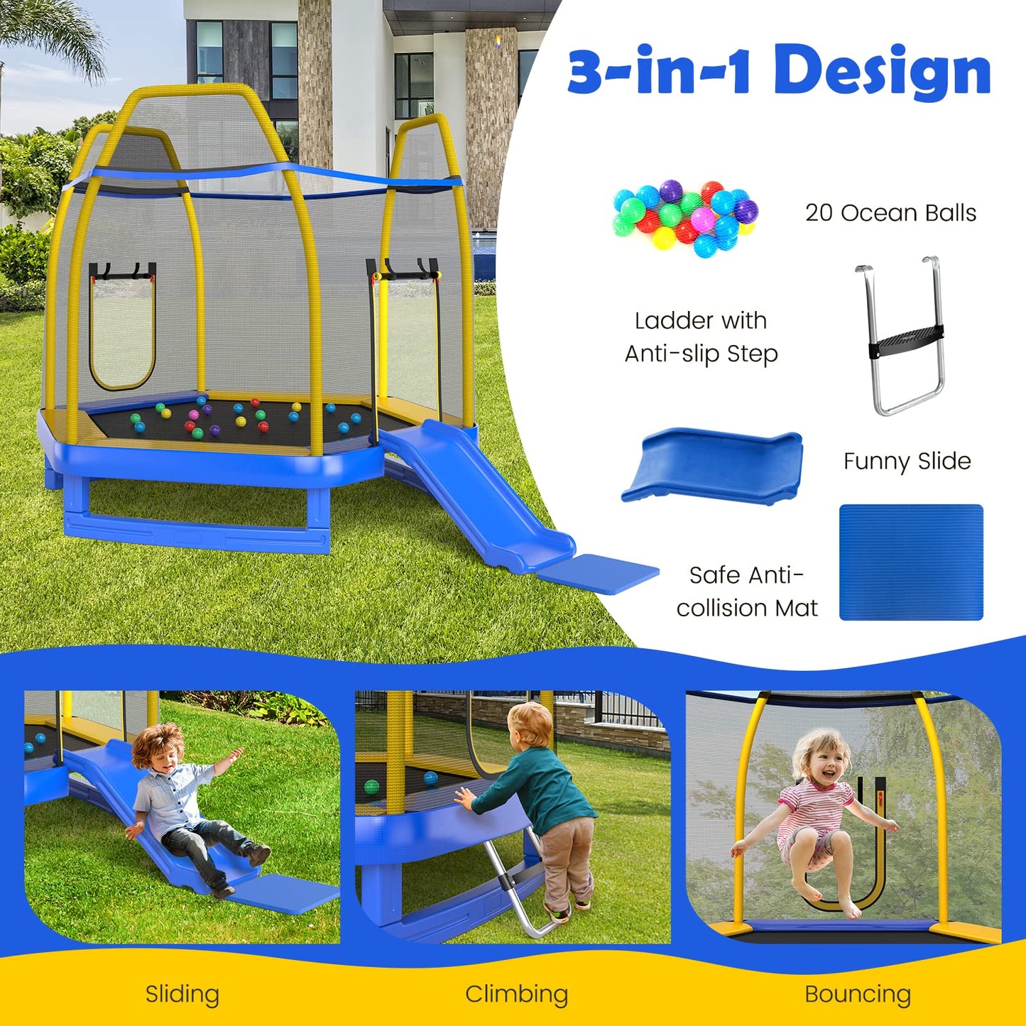 COSTWAY 7ft Kids Trampoline, Hexagonal Trampolines with Slide, Ladder, Safety Enclosure Net and Ocean Balls, Toddler Jumping House for Indoor Outdoor