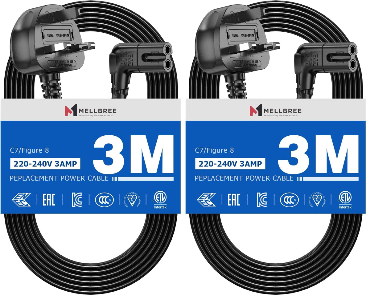 2M Power Cable Compatible with Samsumg TV, Mellbree Quality Safe Right Angle Suitable for Awkward Space Figure 8 Power Cable Compatible with Samsung, LG, Panasonic TV Black